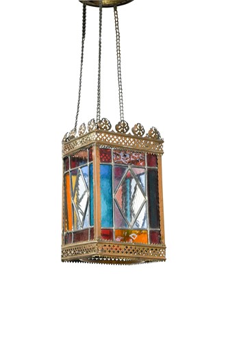 Lot 432 - An Edwardian brass and stained glass hall lantern