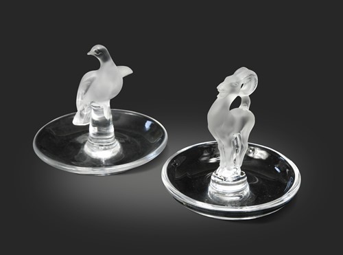 Lot 7 - Chevre and Charice, two modern Lalique frosted and polished glass cendriers