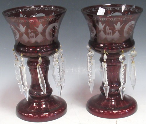 Lot 92 - A pair of Bohemian style cranberry glass...