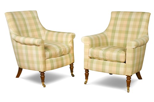 Lot 619 - A pair of gingham upholstered armchairs, modern