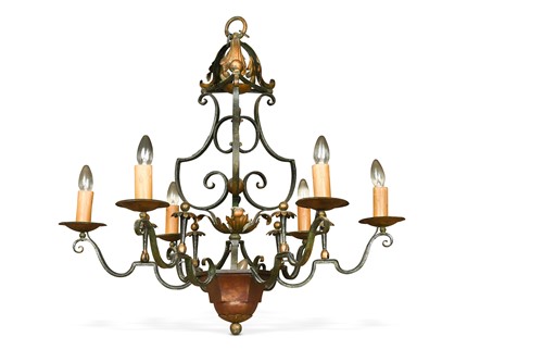 Lot 395 - A French wrought iron six light chandelier, early 20th century
