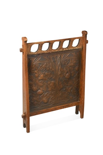 Lot 175 - Liberty & Co., an Arts & Crafts tooled leather and oak fire screen