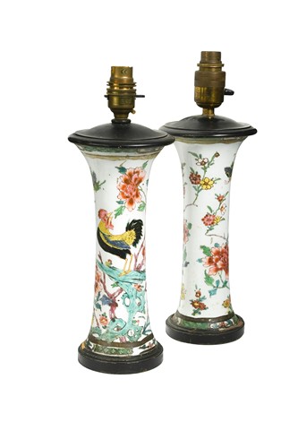 Lot 463 - A pair of famille rose Gu trumpet shaped vases, late 19th century