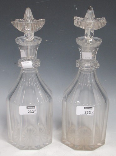 Lot 85 - A pair of facet cut glass decanters with...
