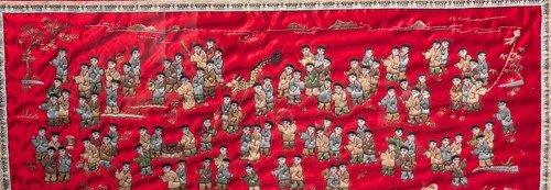 Lot 366 - A Chinese silk depicting children on a red...