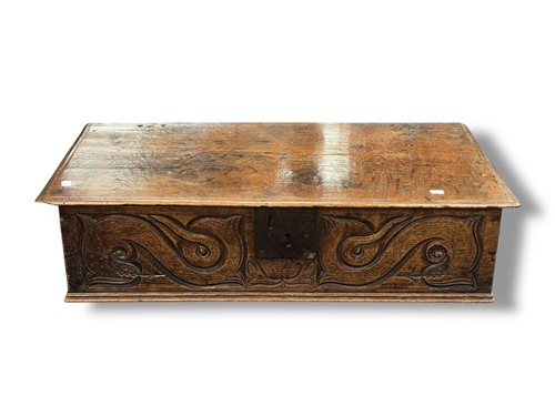 Lot 688 - A late 17th century oak Bible box, with carved...