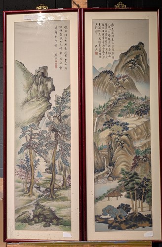 Lot 648 - A large pair of Chinese pictures of landscapes...
