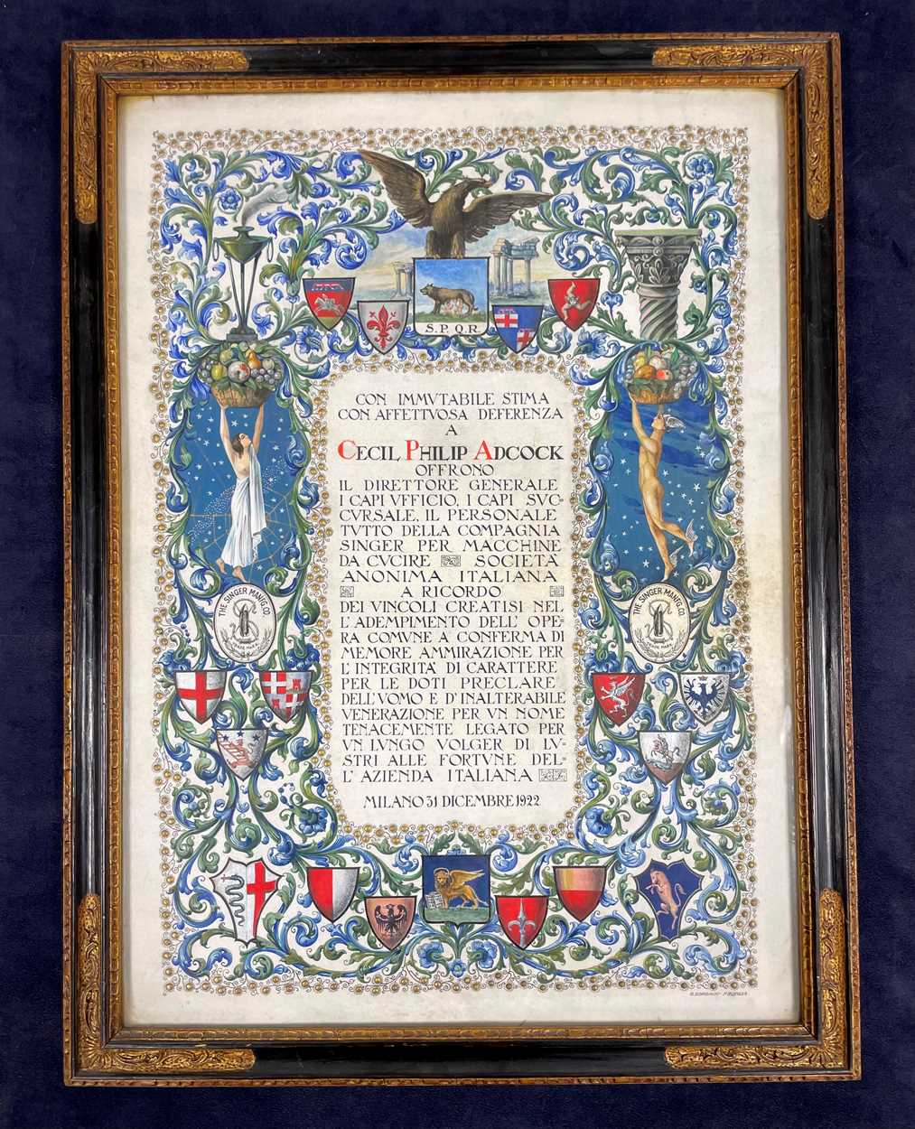 Lot 380 - An illuminated Italian certificate awarded to Cecil Phillip Adcock