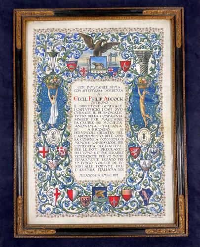 Lot 380 - An illuminated Italian certificate awarded to Cecil Phillip Adcock