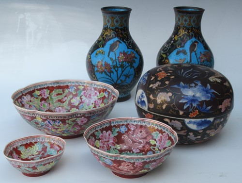 Lot 30 - A pair of Japanese cloisonne vases, a Chinese...