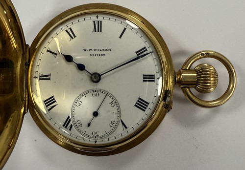 Lot 216 - W. W. Wilson, Croydon - An early 20th century 18ct gold half hunter pocket watch