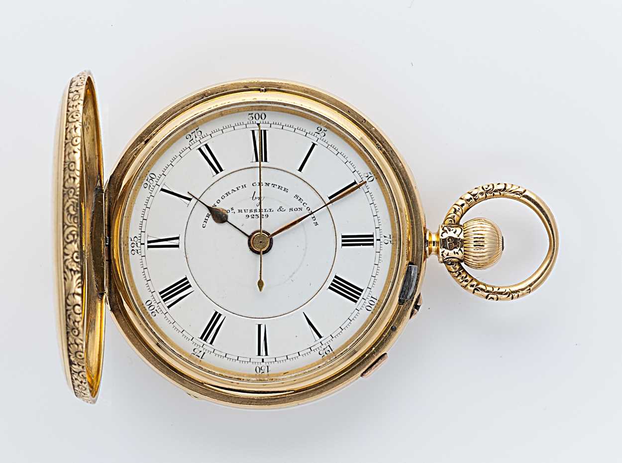 Lot 214 - Thomas Russell, London - A 19th century 18ct gold chronograph hunter pocket watch