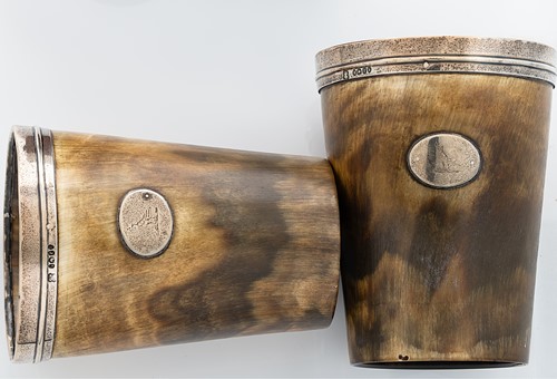 Lot 335 - A pair of William IV silver mounted horn beakers