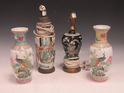Lot 149 - A Chinese famille noir vase adapted as a lamp...