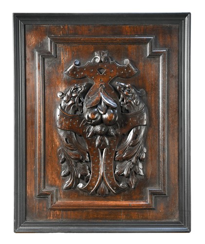 Lot 401 - A pair of carved oak panels depicting fruit, 19th century
