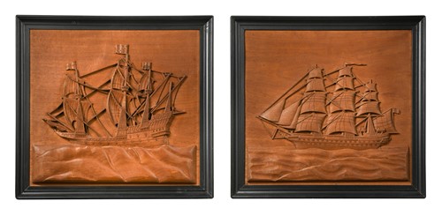 Lot 669 - A series of five teak relief carvings of sailing vessels, early 20th century