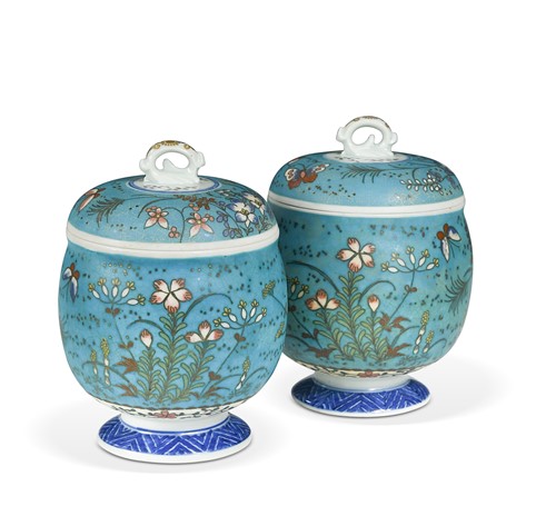 Lot 88 - A pair of Japanese cloisonné on porcelain jars and covers, circa 1900