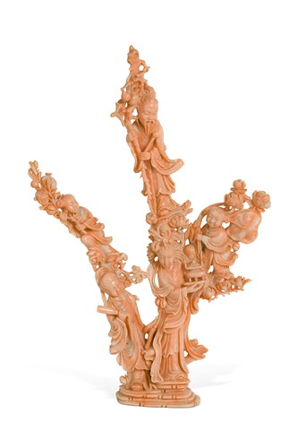 Lot 59 - A Chinese three branched figural coral ornament, Qing Dynasty, late 19th century