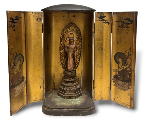 Lot 90 - A Japanese carved and gilded wood figure of Mizo (Ksitigargbha) in associated shrine cabinet, 19th century