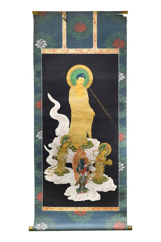 Lot 86 - A Japanese scroll painting of the Buddha and three acolytes, late Meiji Period