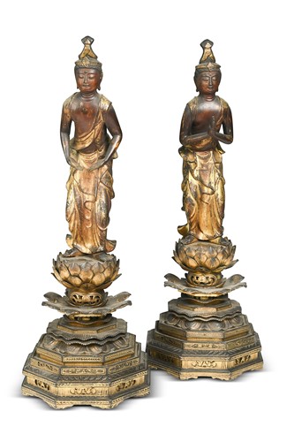 Lot 87 - A pair of Japanese carved wood, lacquered and gilded praying Buddhist Acolytes, Meiji Period