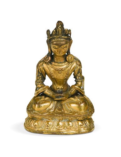 Lot 63 - A Chinese gilt copper seated figure of Amatayus, Qing Dynasty, Qianlong Emperor, 18th century