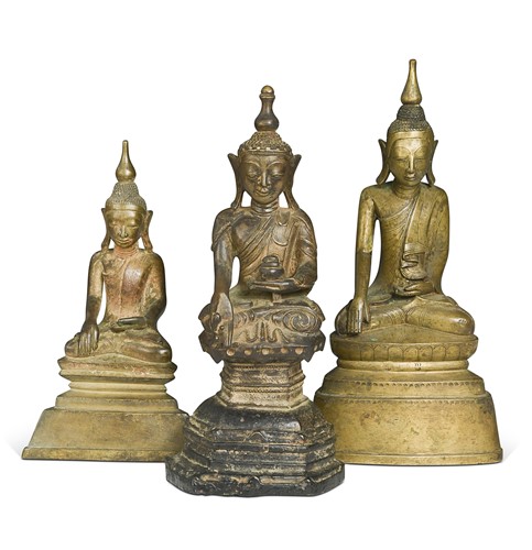 Lot 96 - A group of three Burmese bronze Shan State Buddha figures, 19th century