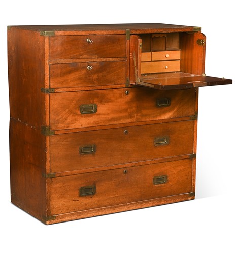 Lot 594 - A brass bound mahogany campaign secretaire chest, 19th century