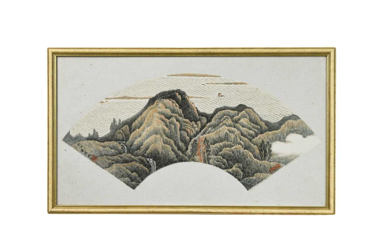 Lot 62 - A Chinese fan shaped landscape painting, 18th/19th century