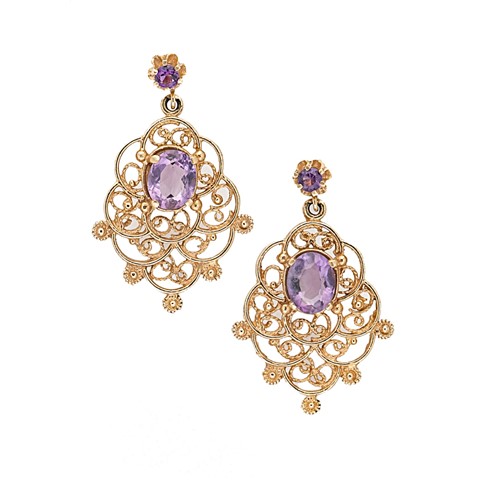 Lot 74 - A pair of amethyst ear pendants