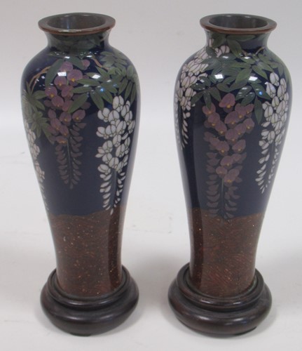 Lot 29 - A pair of Japanese cloisonne vases, floral...