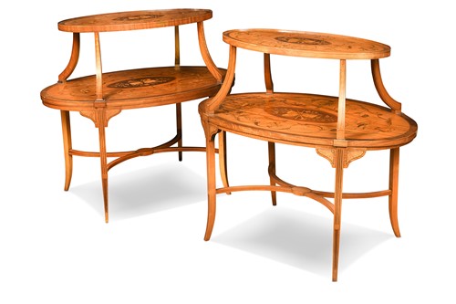 Lot 686 - A pair of Sheraton style satinwood etageres, circa 1900