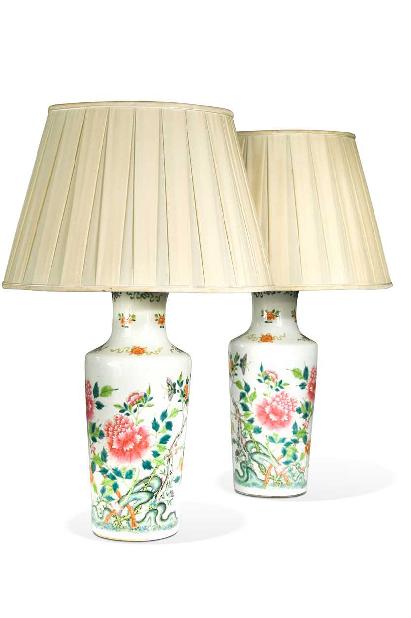 Lot 475 - A pair of Chinese famille rose peony vases, late Qing Dynasty