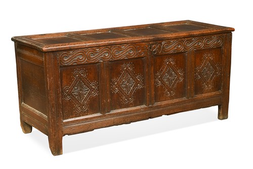 Lot 387 - An oak panelled coffer, 18th century