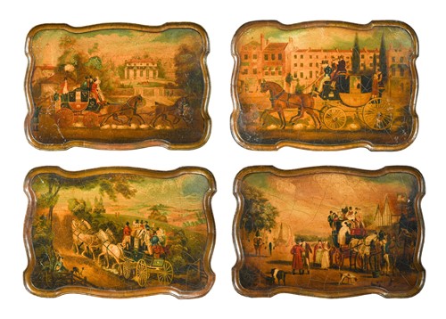 Lot 535 - A graduated set of four papier mâché polychrome coaching trays, 19th century