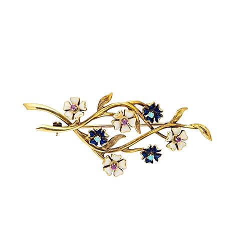 Lot 30 - A ruby, turquoise and enamel floral brooch