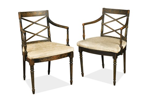 Lot 452 - A pair of Regency black japanned and gilt decorated open armchairs