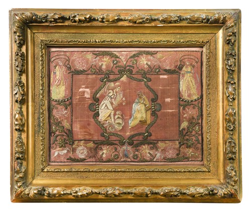 Lot 419 - A framed embroidery panel, 18th century