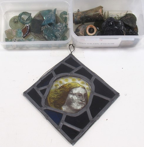 Lot 88 - A Medieval stained glass fragment painted with...