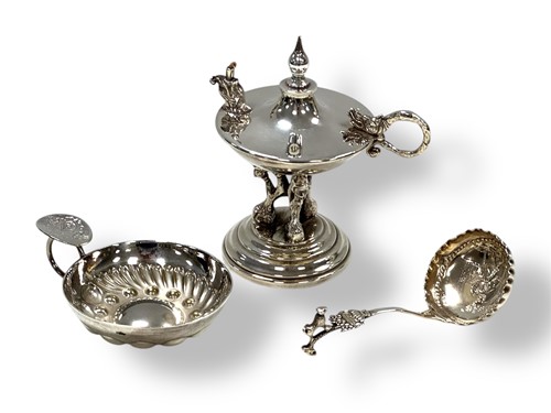 Lot 236 - An unmarked tastevin, a Dutch cream ladle with...
