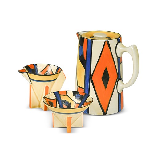 Lot 29 - A Clarice Cliff Bizarre 'Diamond' pattern hot water jug, cream jug and sugar