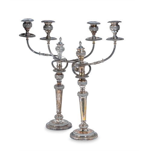 Lot 370 - A pair of 19th century Old Sheffield Plate 3 light candelabra