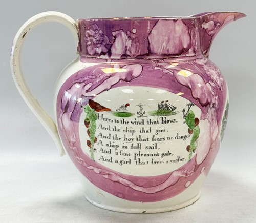 Lot 23 - A Sunderland lustre jug, the body printed with...
