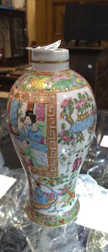 Lot 68 - A pair of small Canton vases of baluster form...