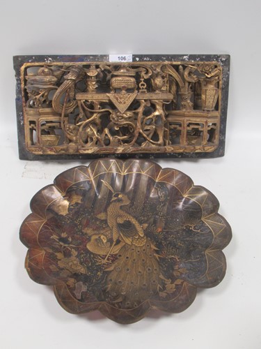 Lot 106 - A scalloped tortoiseshell plate decorated with...