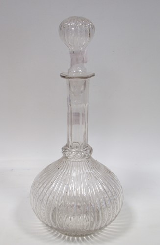 Lot 96 - Hand blown glass decanter of ribbed and ringed...