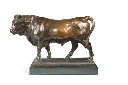 Lot 564 - A patinated bronze model of a bull, possibly after the original by Barye