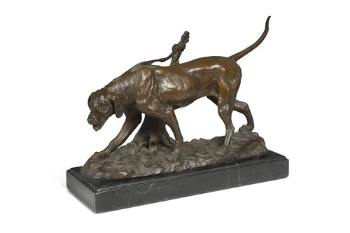 Lot 594 - After Antoine Louis Barye (1795-1875), a bronze model of a hunting dog, 20th century