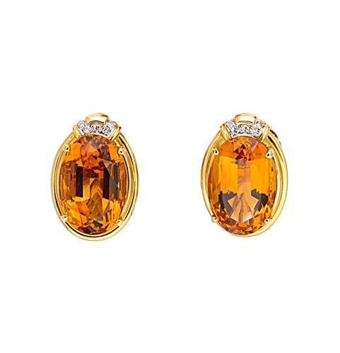 Lot 75 - A pair of citrine and diamond ear studs