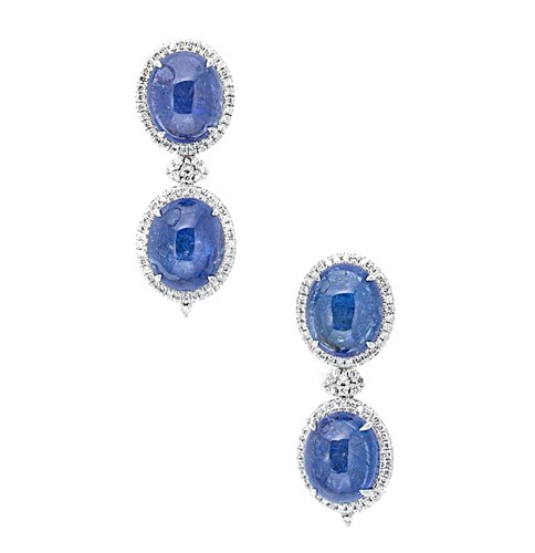 Lot 115 - A pair of tanzanite and diamond ear pendants